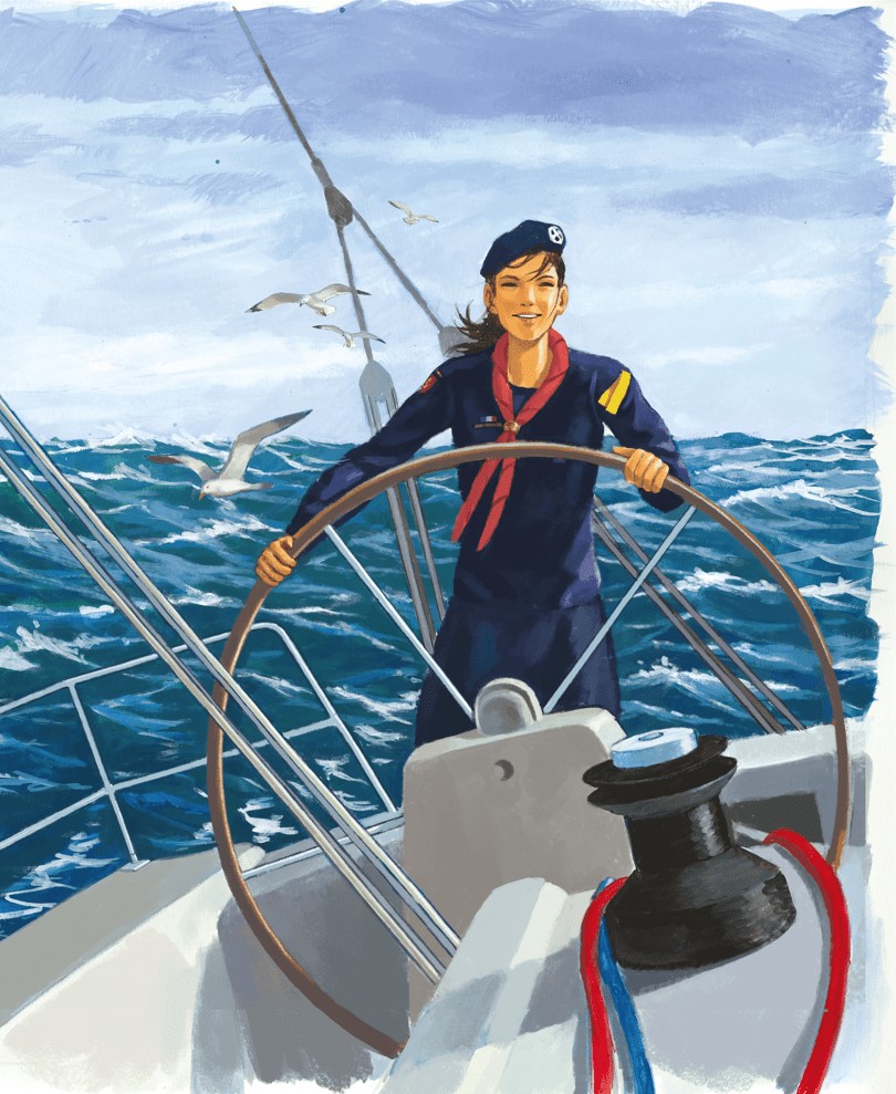 Une jeune guide au gouvernail d'un voilier sur une mer agitée.